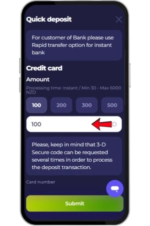Deposit amount field in the Axe Casino cashier