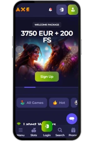 Axe Casino homepage with welcome package and Sign Up button