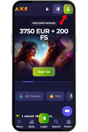 Registration button in the top right corner of Axe Casino