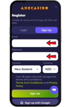 Axe Casino sign up form with email and password fields