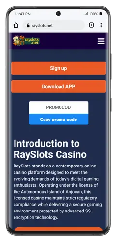 RaySlots app home screen with the download button