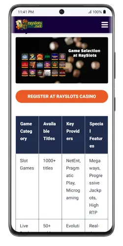 Game selection after the Rayslots app download
