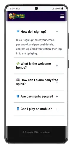 FAQ screen to download RaySlots app